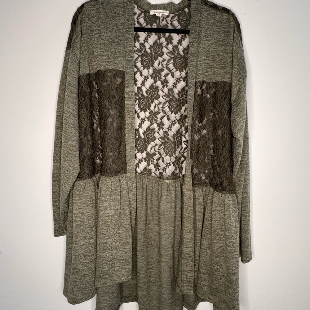 Paper Tee Olive Green Floral Lace open cardigan Sz XL Romantic Boho Cottagecore